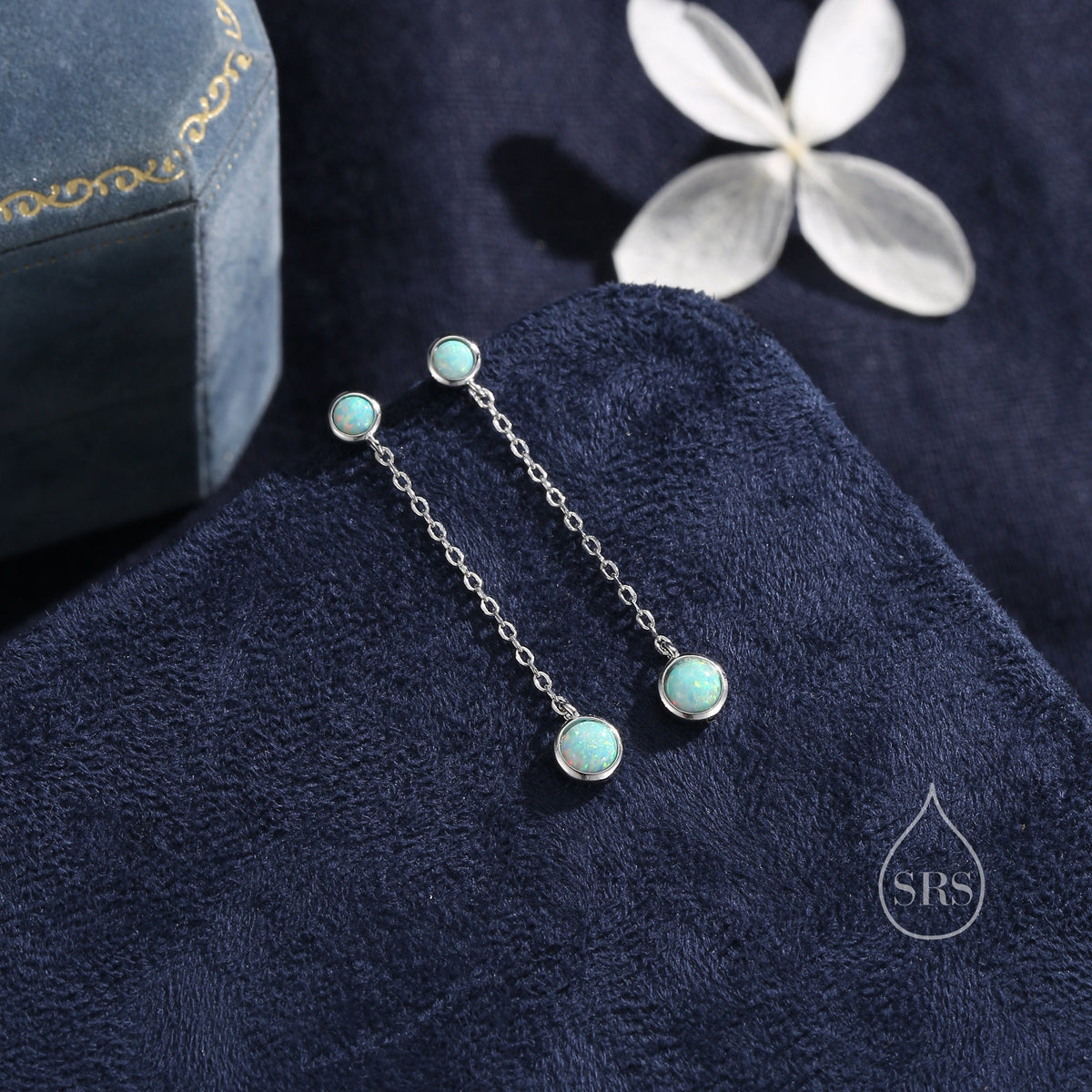 Double Aqua Green Opal Dangle Chain Earrings in Sterling Silver, Silver or Gold, Lab Opal Earrings, Two Opal Earrings, Aqua Blue Opal