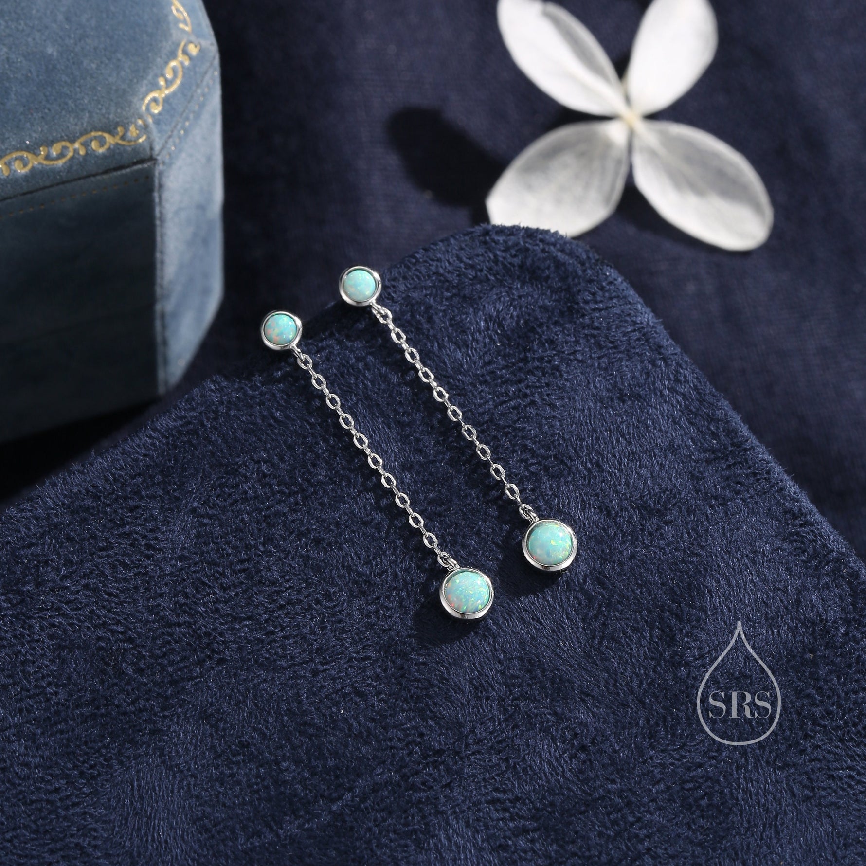 Double Aqua Green Opal Dangle Chain Earrings in Sterling Silver, Silver or Gold, Lab Opal Earrings, Two Opal Earrings, Aqua Blue Opal