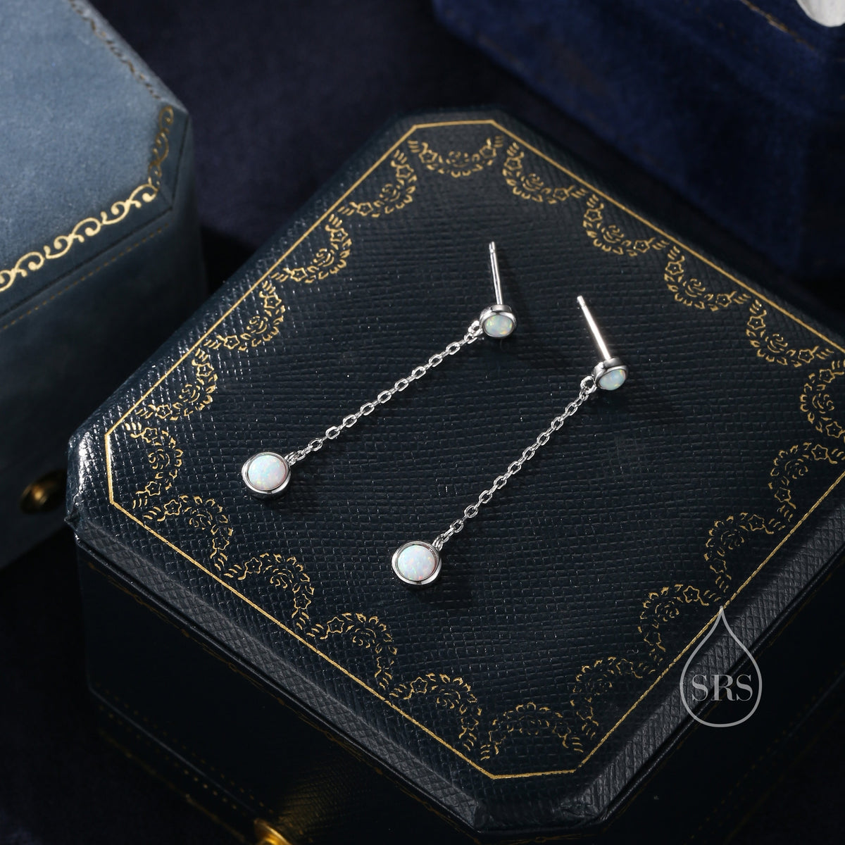 Double White Fire Opal Dangle Chain Earrings in Sterling Silver, Silver or Gold, Lab Opal Earrings, Two Opal Earrings, White Opal
