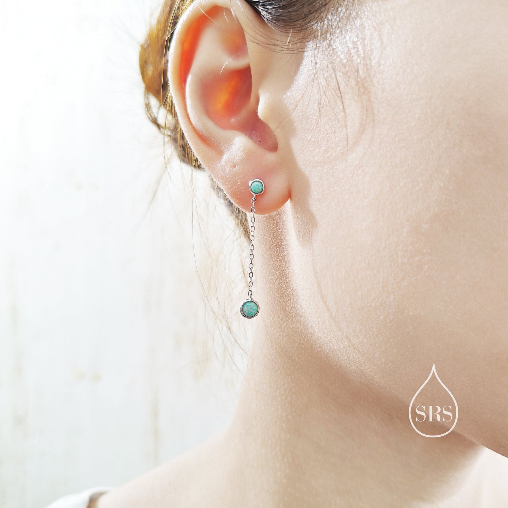 Double White Fire Opal Dangle Chain Earrings in Sterling Silver, Silver or Gold, Lab Opal Earrings, Two Opal Earrings, White Opal