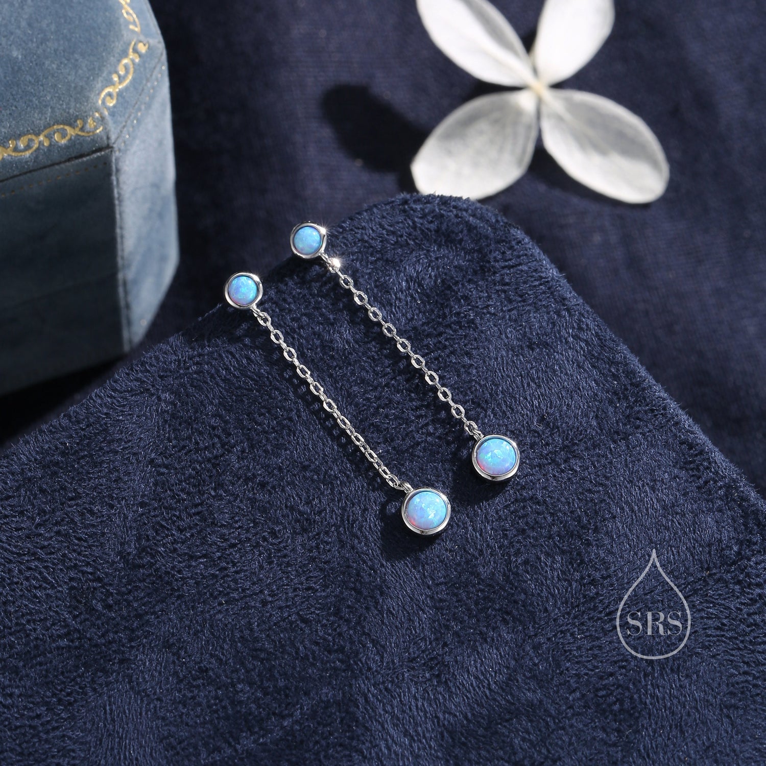 Double Blue Opal Dangle Chain Earrings in Sterling Silver, Silver or Gold, Lab Opal Earrings, Two Opal Earrings, Blue Opal