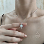 Moonstone North Star Pendant Necklace in Sterling Silver, Silver or Gold, Lab Moonstone Starburst Necklace, Moonstone Sunburst Star Necklace