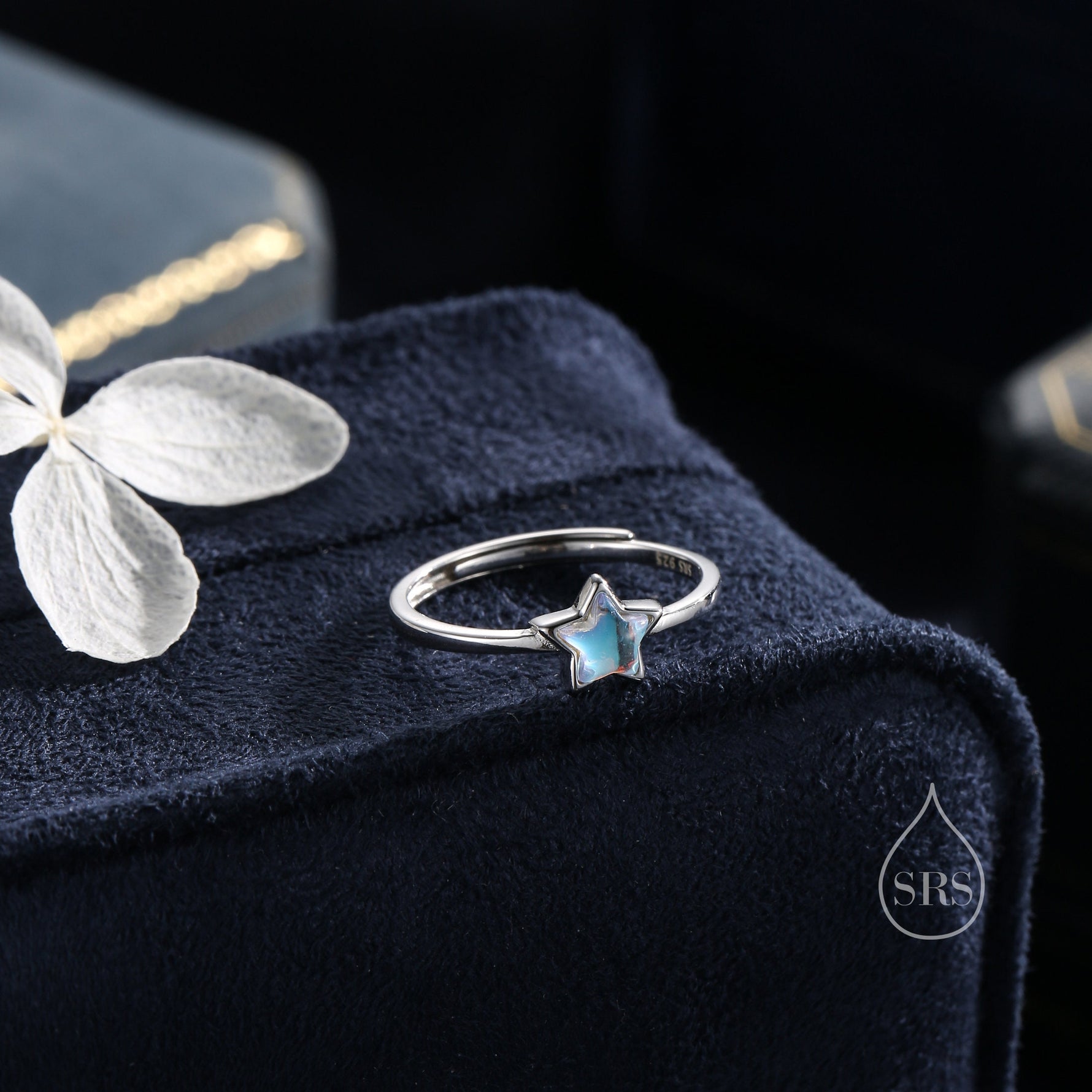 Sterling Silver Moonstone Star Ring, Simulated Moonstone Star and Moon Ring, Adjustable Size, Celestial Jewellery, Lab Moonstone Star Ring