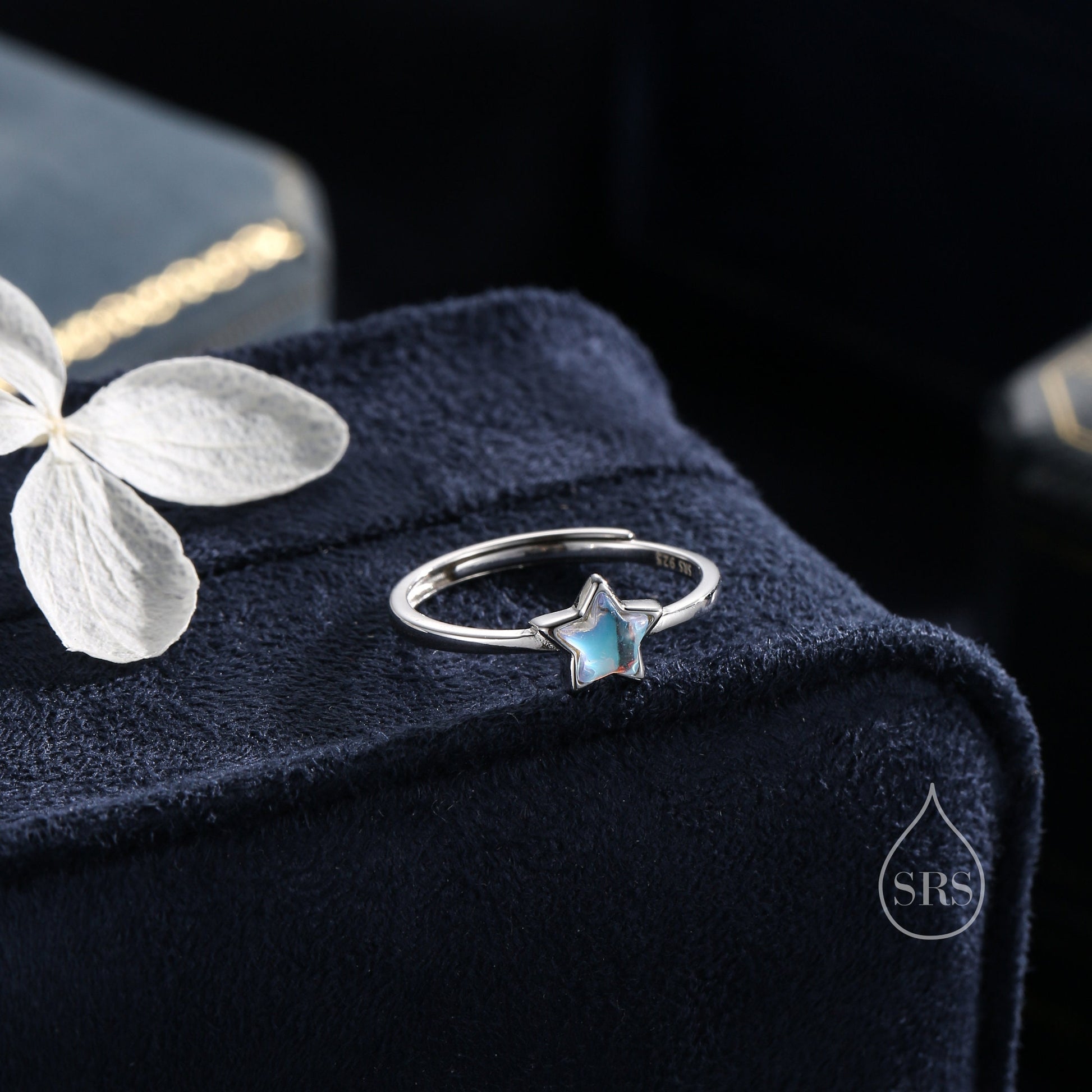 Sterling Silver Moonstone Star Ring, Simulated Moonstone Star and Moon Ring, Adjustable Size, Celestial Jewellery, Lab Moonstone Star Ring