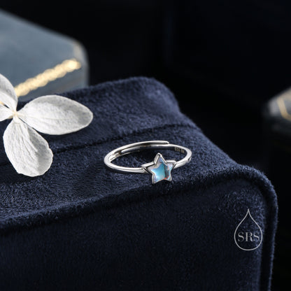 Sterling Silver Moonstone Star Ring, Simulated Moonstone Star and Moon Ring, Adjustable Size, Celestial Jewellery, Lab Moonstone Star Ring