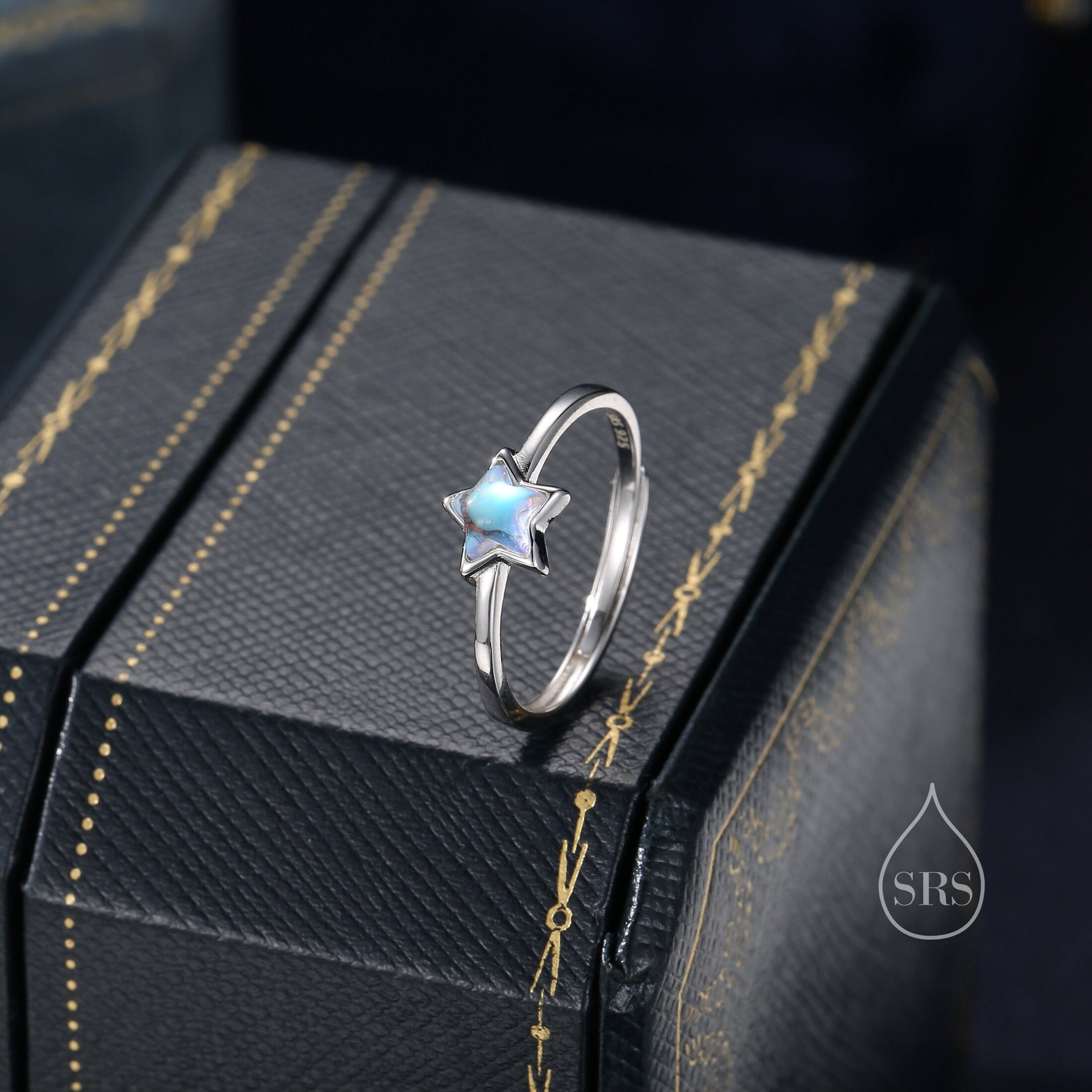 Sterling Silver Moonstone Star Ring, Simulated Moonstone Star and Moon Ring, Adjustable Size, Celestial Jewellery, Lab Moonstone Star Ring