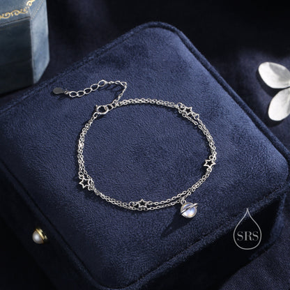 Double Layer Planet and Star Bracelet in Sterling Silver, Saturn and Star Bracelet, Planet Bracelet