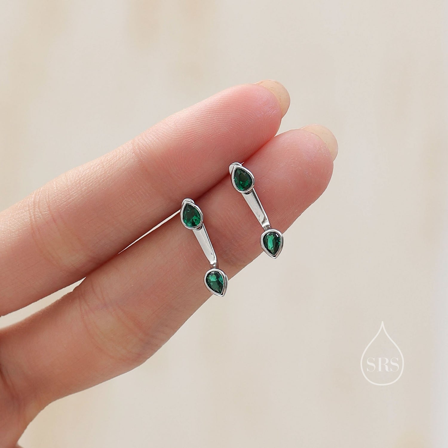 Double Pear Cut CZ Ear Jacket in Sterling Silver, Silver or Gold, Available in Blue, Black, Green, Clear CZ, Front and Back Earrings