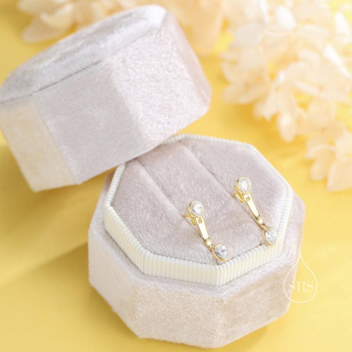 Double Pear Cut CZ Ear Jacket in Sterling Silver, Silver or Gold, Available in Blue, Black, Green, Clear CZ, Front and Back Earrings