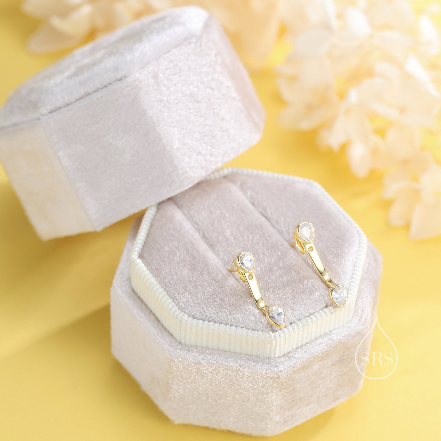 Double Pear Cut CZ Ear Jacket in Sterling Silver, Silver or Gold, Available in Blue, Black, Green, Clear CZ, Front and Back Earrings