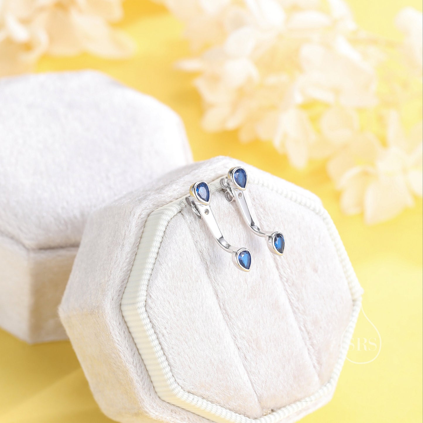 Double Pear Cut CZ Ear Jacket in Sterling Silver,  Silver or Gold, Available in Blue, Black, Green, Clear CZ, Front and Back Earrings