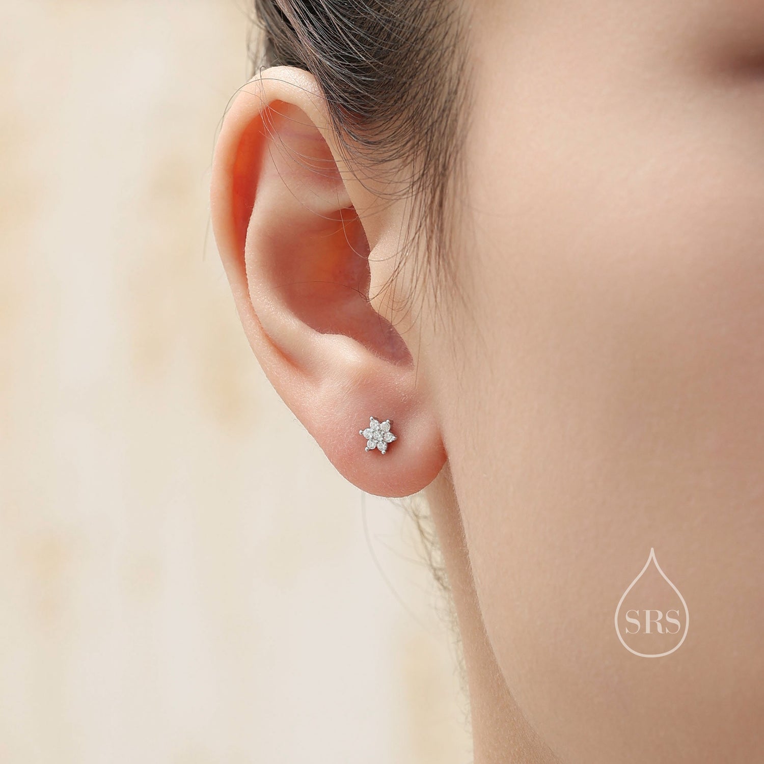 Dainty Flower CZ 16G Internally Threaded Flat Back Earrings in Sterling Silver