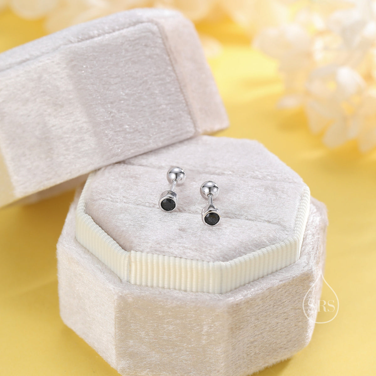 Sterling Silver Bezel Set Black CZ Crystal Screw Back Earrings, 3mm CZ Piercing Jewellery, Brilliant Cut CZ Barbell Earrings