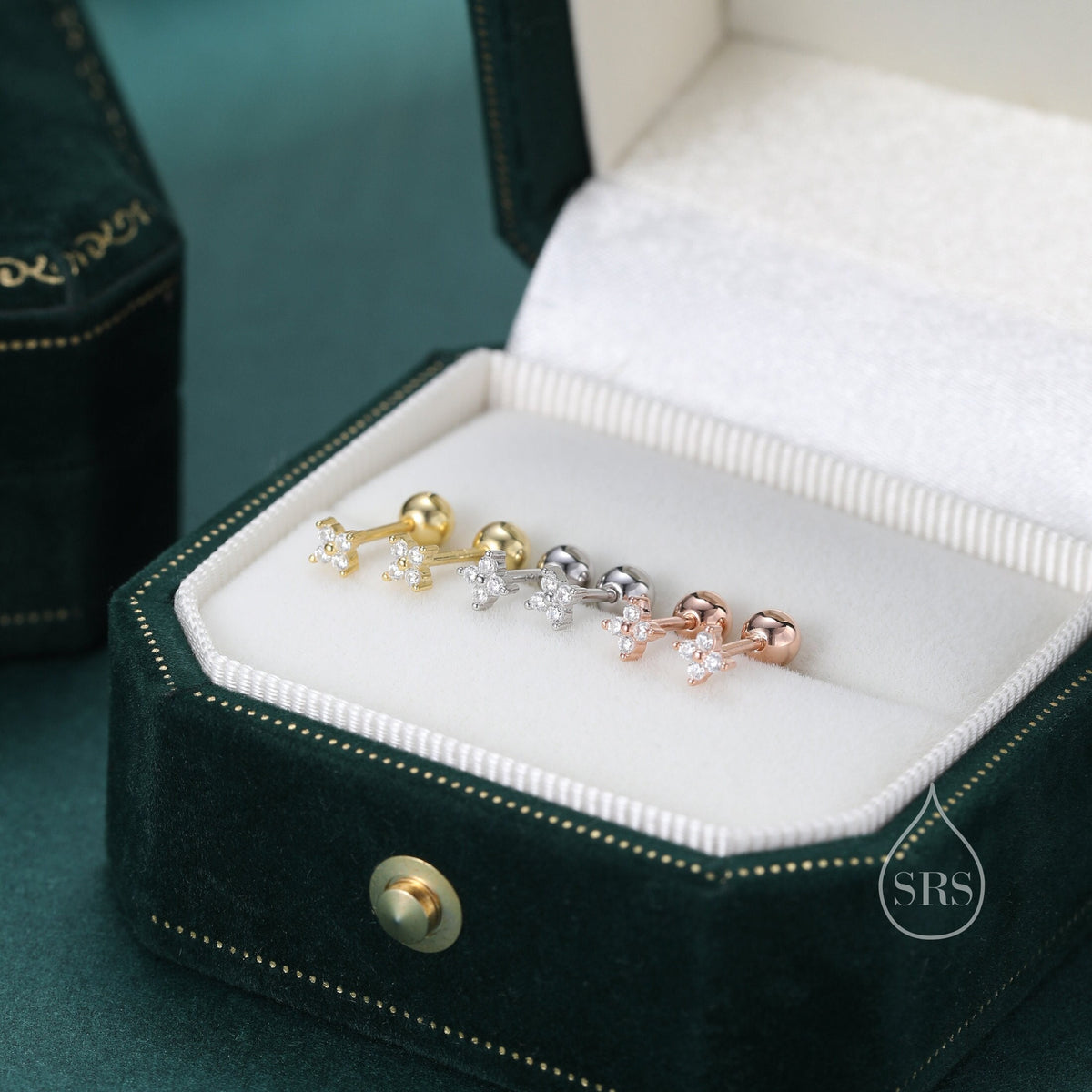 Tiny Hydrangea Flower Inspired 18G Screw Back Earrings with Sparkly CZ Crystals