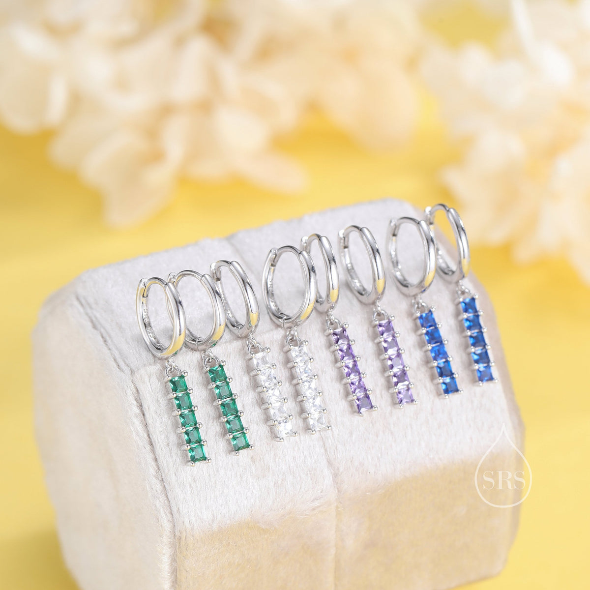 Sale!Sterling Silver Dangle CZ Bars Huggie Hoop Earrings, 8mm Hoops with CZ Bars, Available in 4 Colours, CZ Bar Earrings, Bar Dangle Hoops