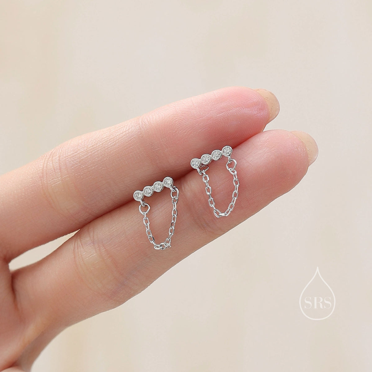 CZ Horizontal Bar Chained Stud Earrings in Sterling Silver, Silver, Gold or Rose Gold, Dangle Chain Earrings, Single Piercing