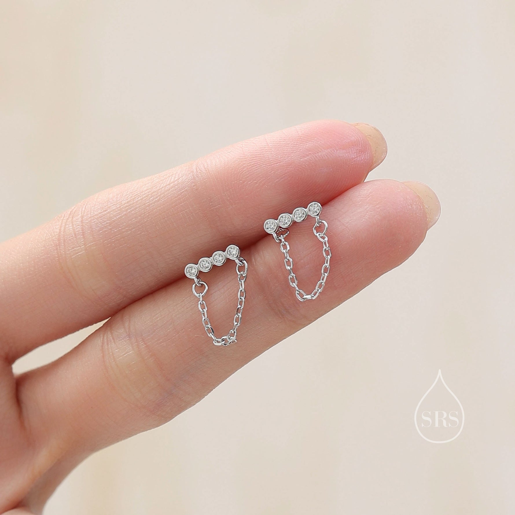 CZ Horizontal Bar Chained Stud Earrings in Sterling Silver, Silver, Gold or Rose Gold, Dangle Chain Earrings, Single Piercing