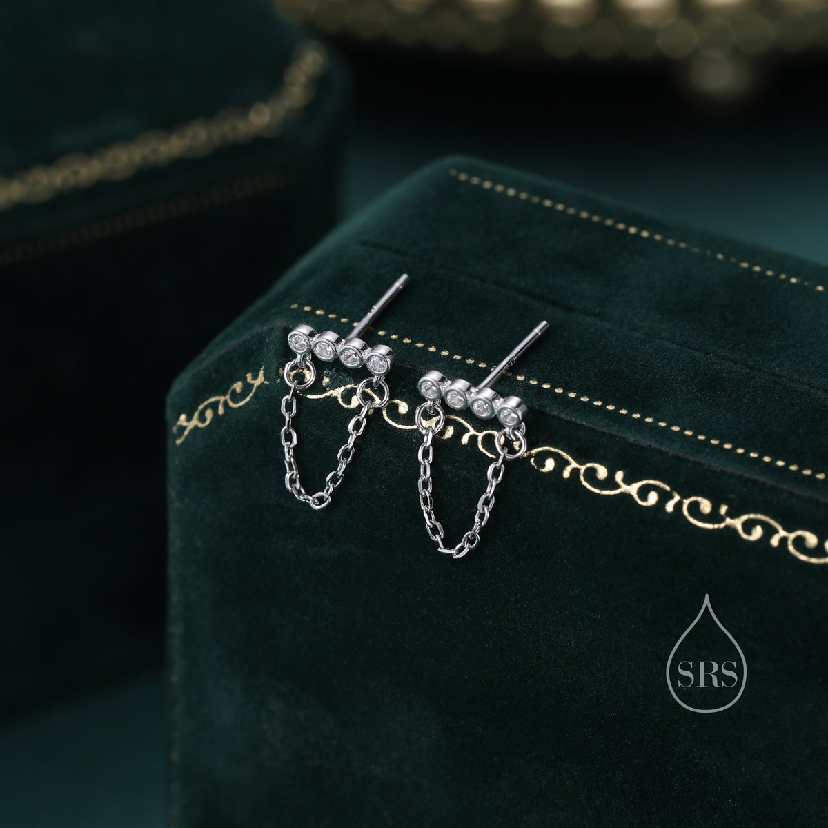 CZ Horizontal Bar Chained Stud Earrings in Sterling Silver, Silver, Gold or Rose Gold, Dangle Chain Earrings, Single Piercing