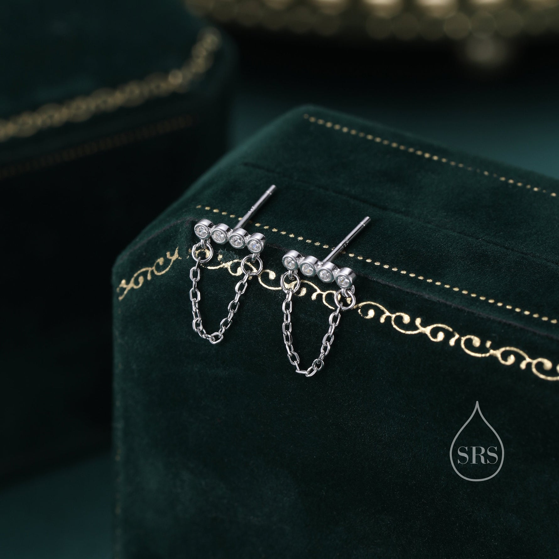 CZ Horizontal Bar Chained Stud Earrings in Sterling Silver, Silver, Gold or Rose Gold, Dangle Chain Earrings, Single Piercing