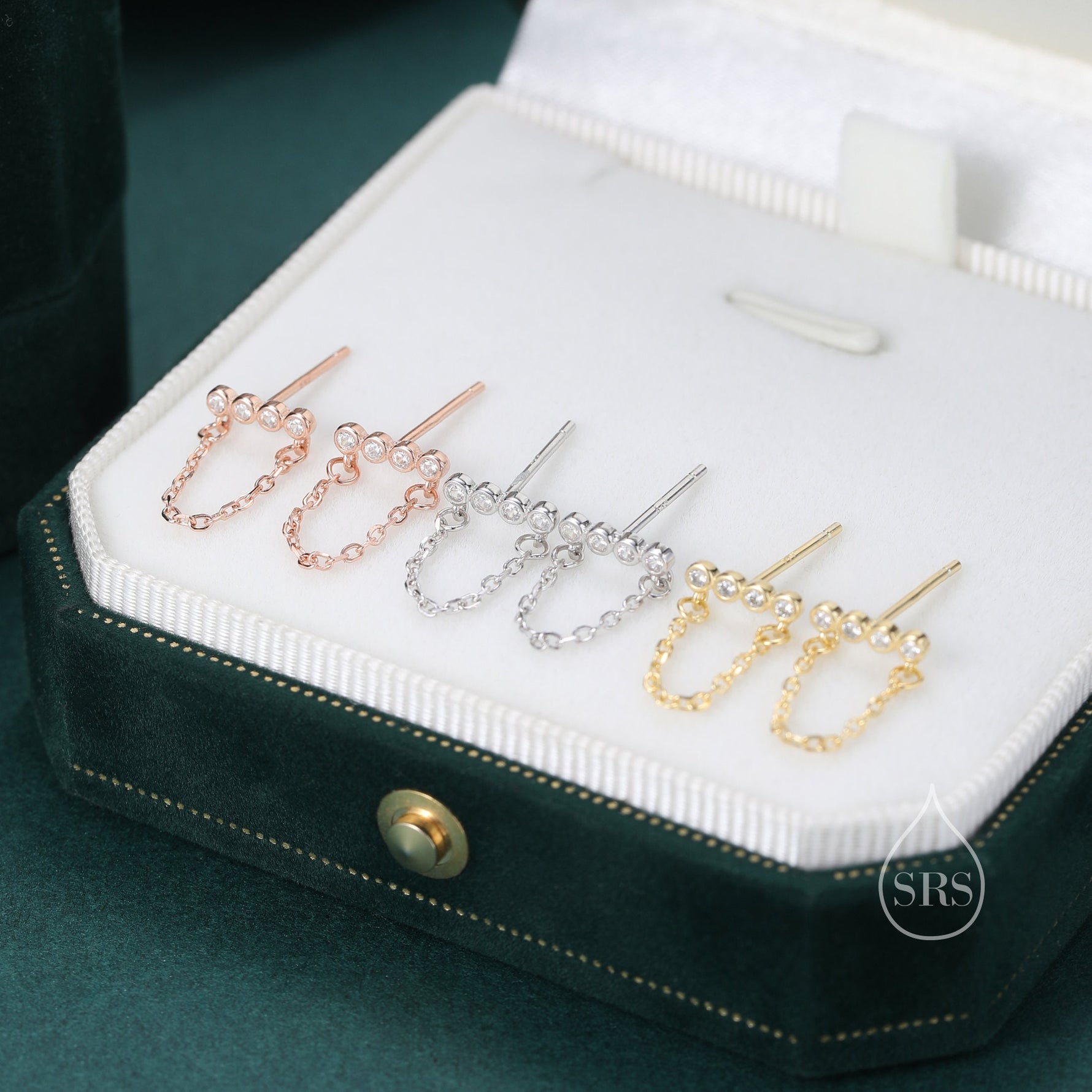 CZ Horizontal Bar Chained Stud Earrings in Sterling Silver, Silver, Gold or Rose Gold, Dangle Chain Earrings, Single Piercing