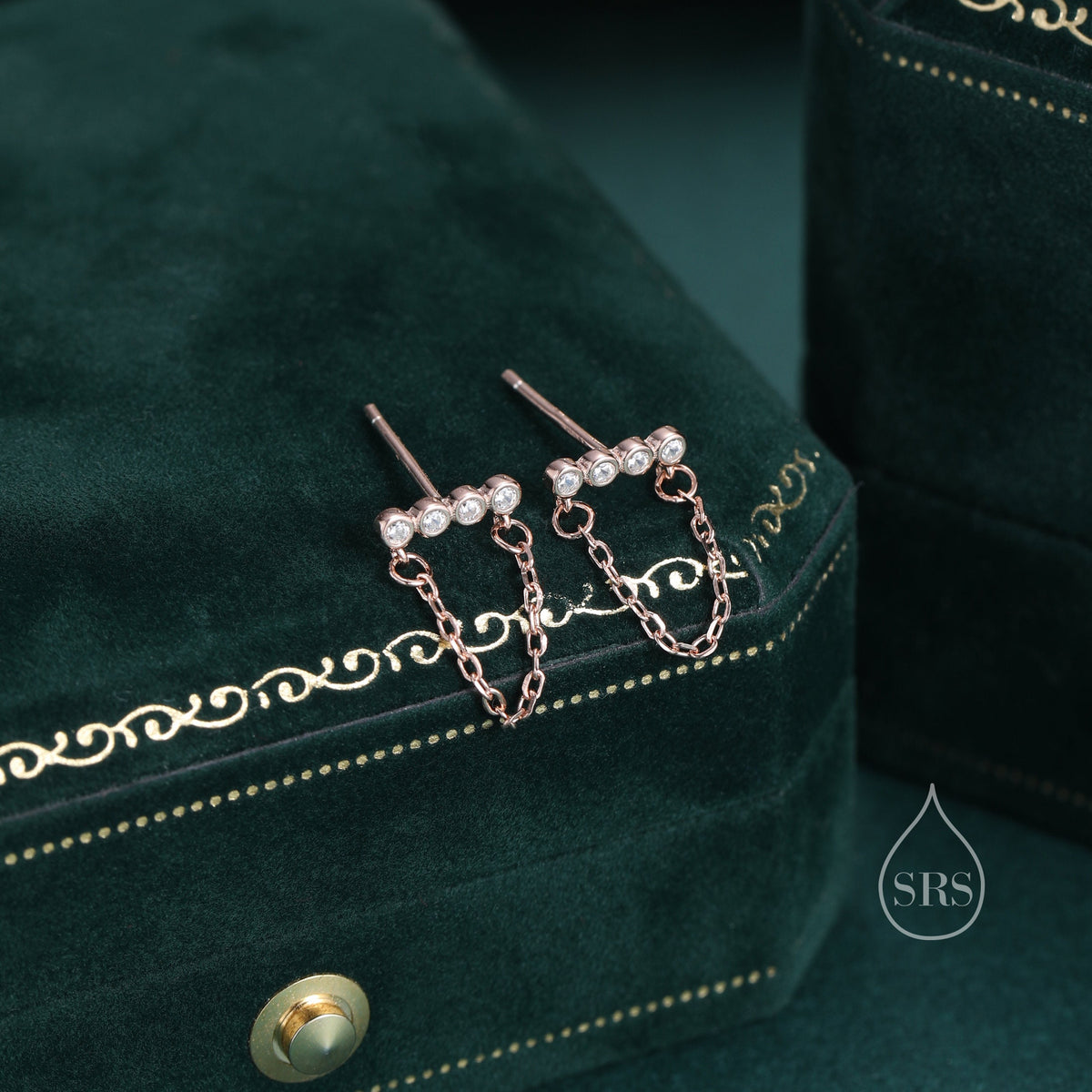 CZ Horizontal Bar Chained Stud Earrings in Sterling Silver, Silver, Gold or Rose Gold, Dangle Chain Earrings, Single Piercing