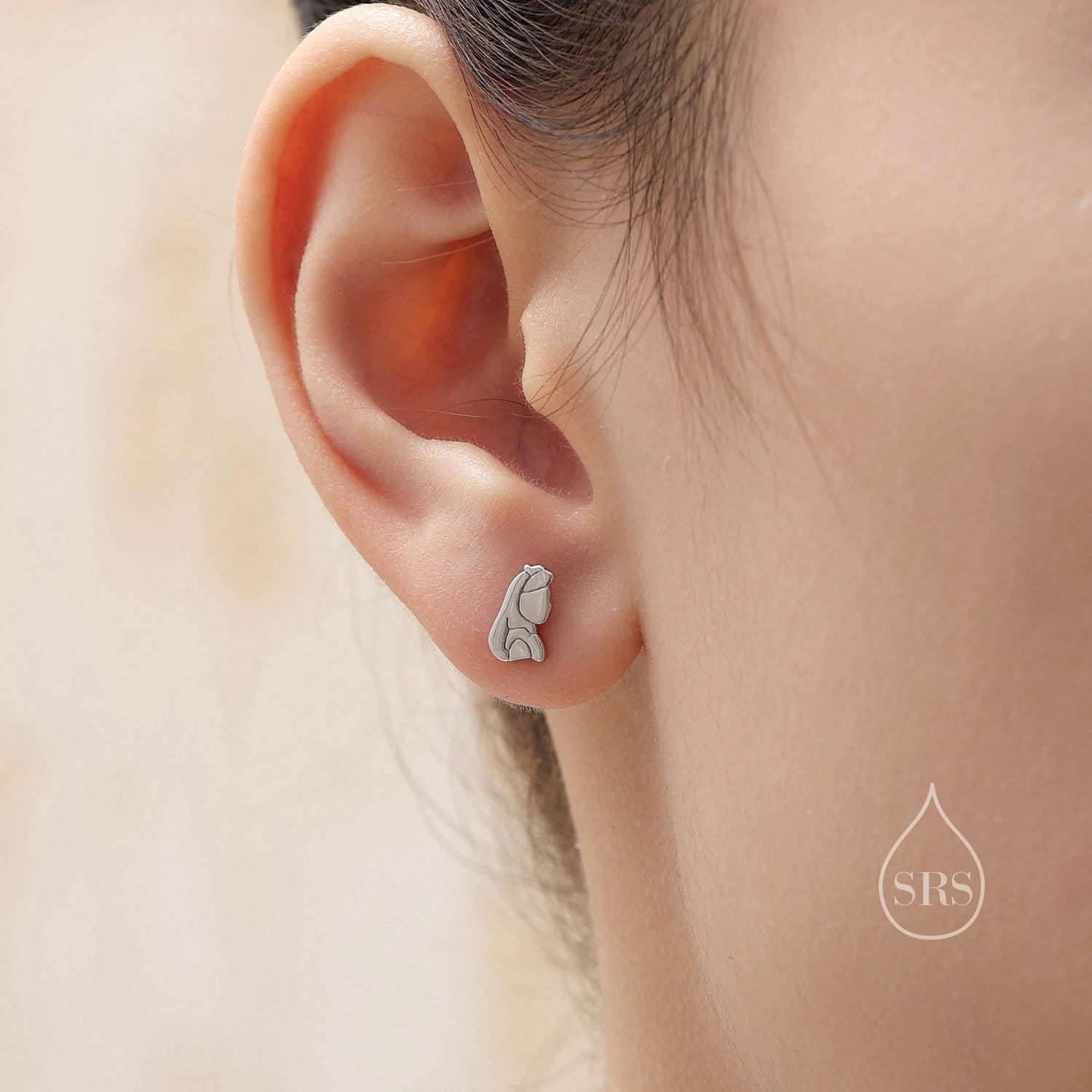 Asymmetric Alice and Cat Stud Earrings in Sterling Silver, Silver or Gold or Rose Gold, Alice Stud Earrings,  Fairy Tale Jewellery
