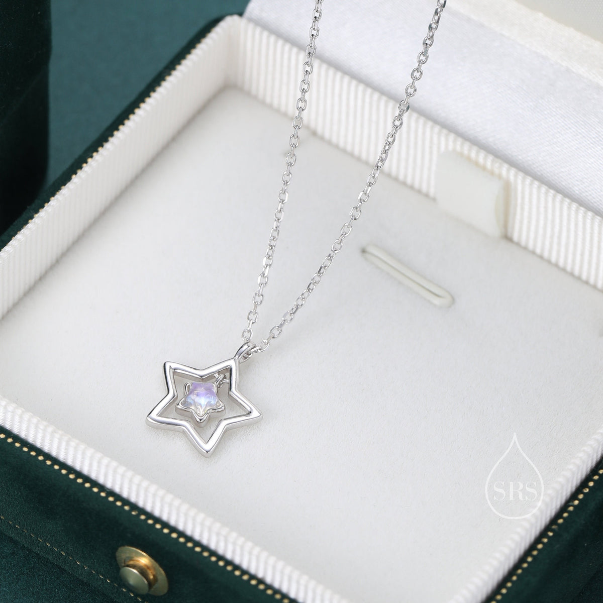 Moonstone Star Pendant Necklace in Sterling Silver, Silver or Gold, Open Star Halo Necklace with Simulated Moonstone, Lab Moonstone Star