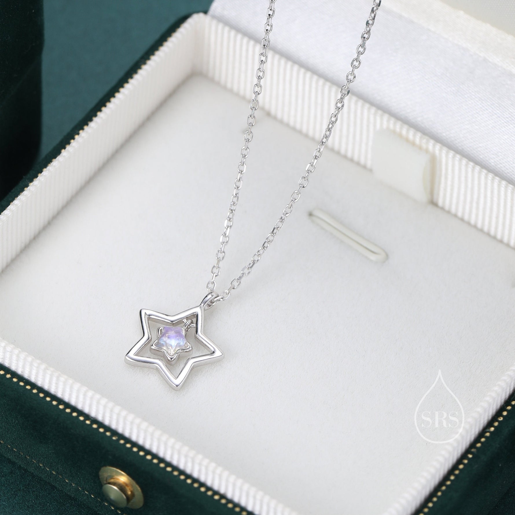 Moonstone Star Pendant Necklace in Sterling Silver, Silver or Gold, Open Star Halo Necklace with Simulated Moonstone, Lab Moonstone Star