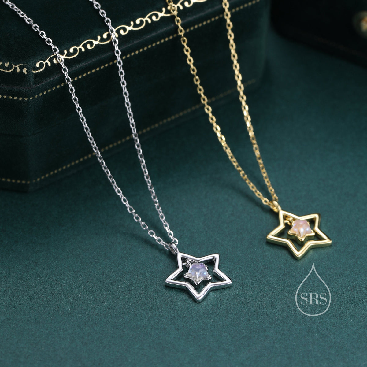 Moonstone Star Pendant Necklace in Sterling Silver, Silver or Gold, Open Star Halo Necklace with Simulated Moonstone, Lab Moonstone Star