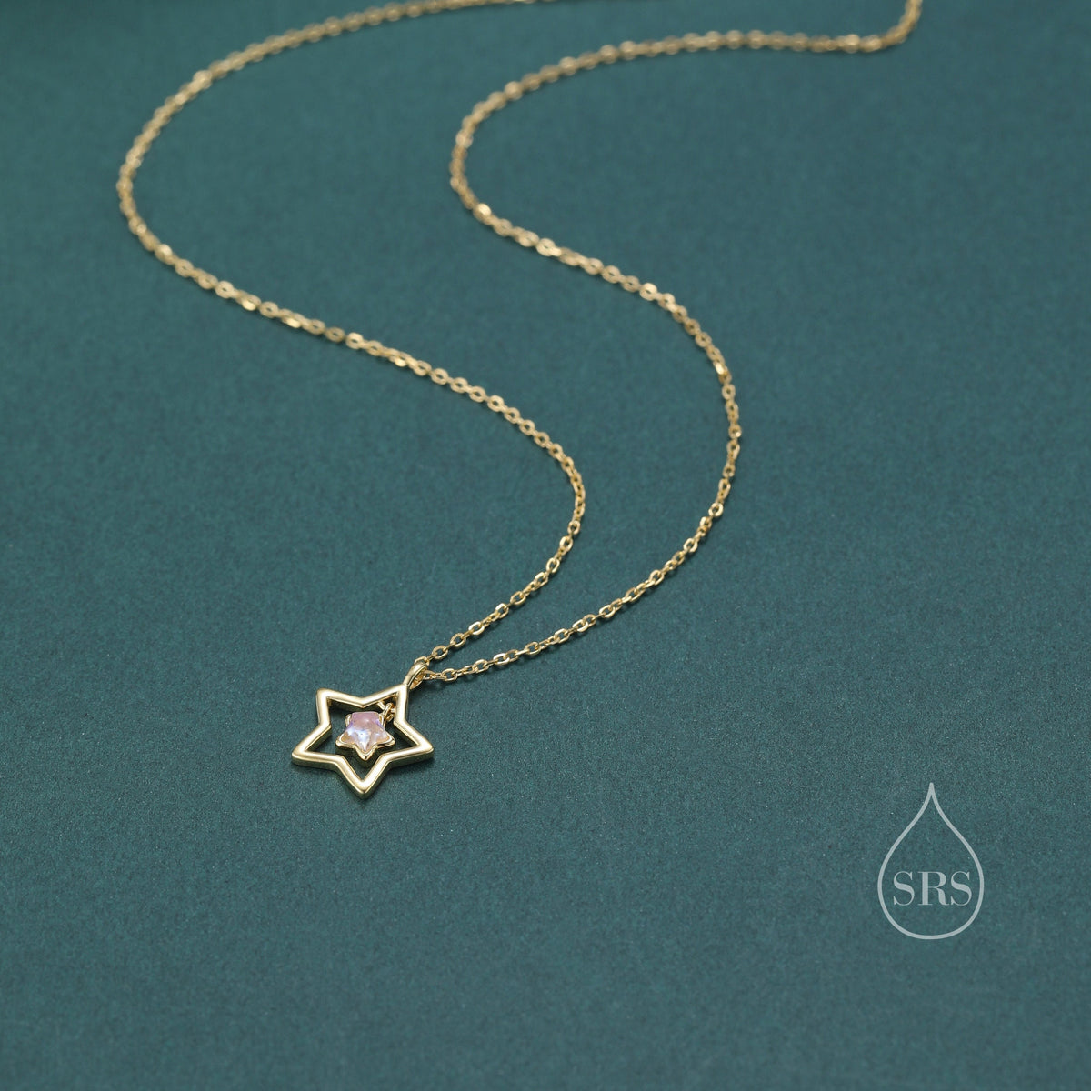 Moonstone Star Pendant Necklace in Sterling Silver, Silver or Gold, Open Star Halo Necklace with Simulated Moonstone, Lab Moonstone Star