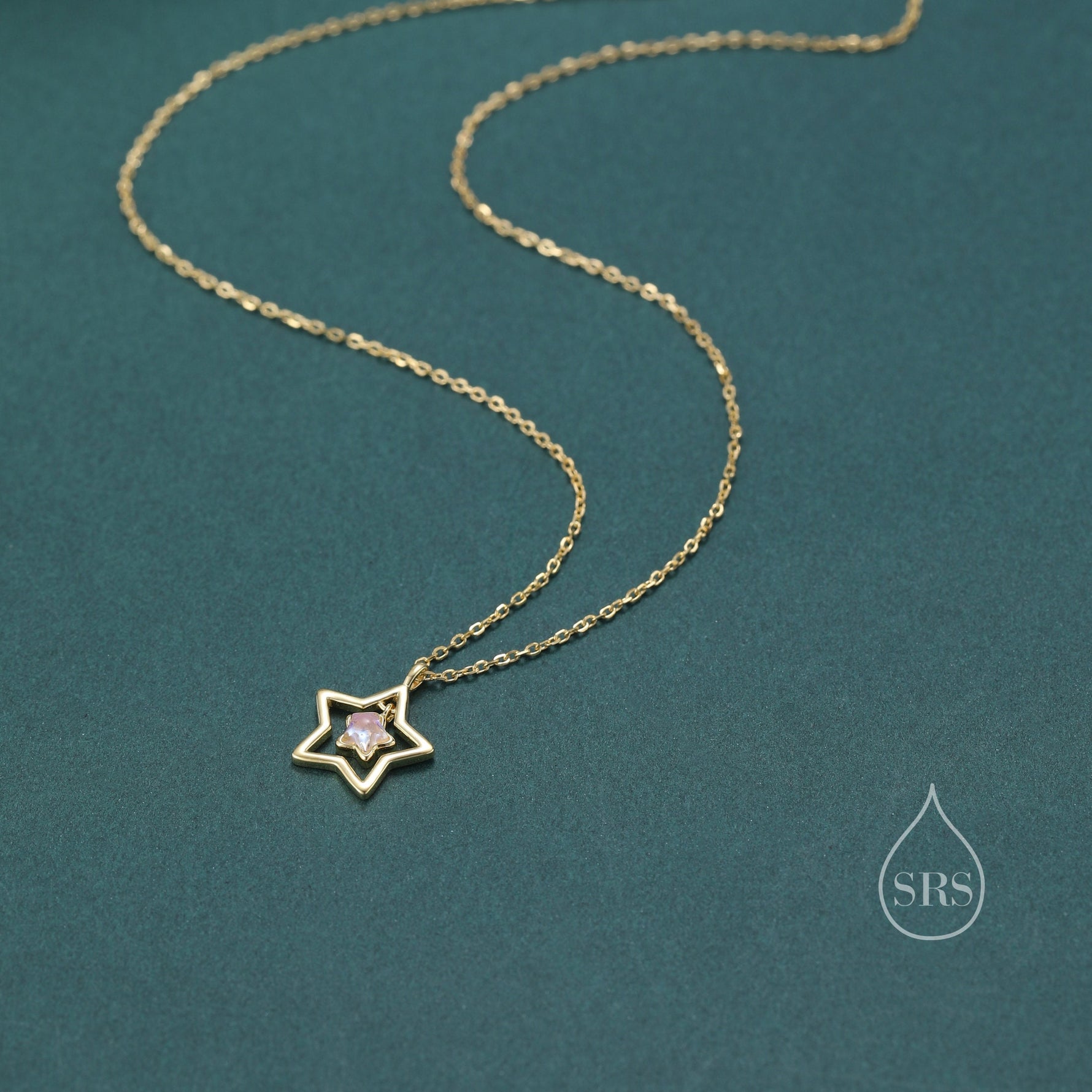 Moonstone Star Pendant Necklace in Sterling Silver, Silver or Gold, Open Star Halo Necklace with Simulated Moonstone, Lab Moonstone Star