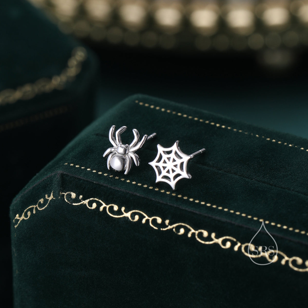 Mismatched Spider and Spider Web Stud Earrings in Sterling Silver, Silver or Gold, Nature Inspired, Insect Earrings