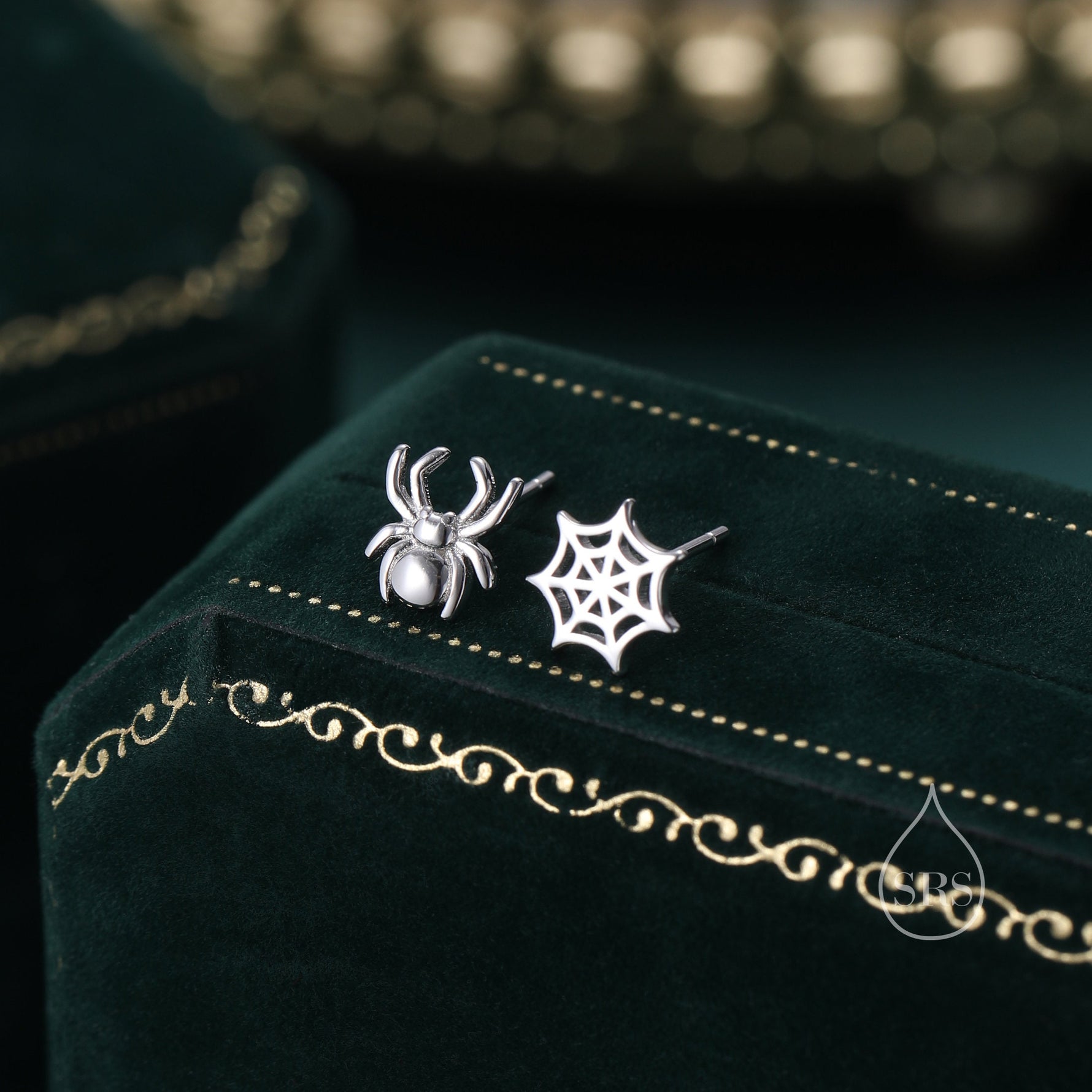 Mismatched Spider and Spider Web Stud Earrings in Sterling Silver, Silver or Gold, Nature Inspired, Insect Earrings