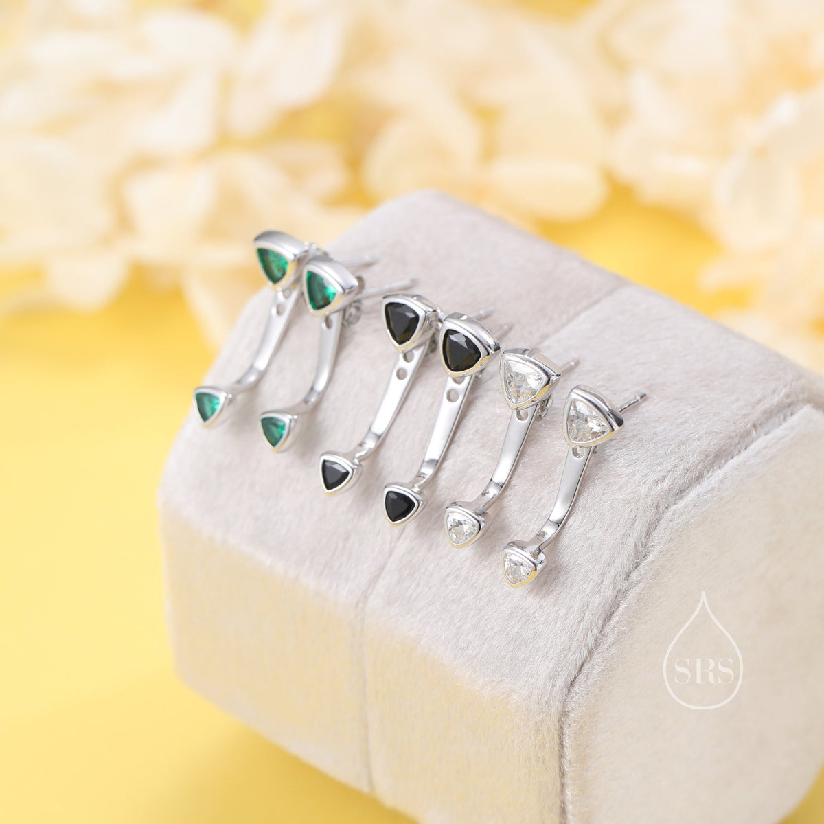 Double Trillion Cut CZ Ear Jacket in Sterling Silver, Silver or Gold, Available in Black, Green, Clear CZ, Front and Back Earrings