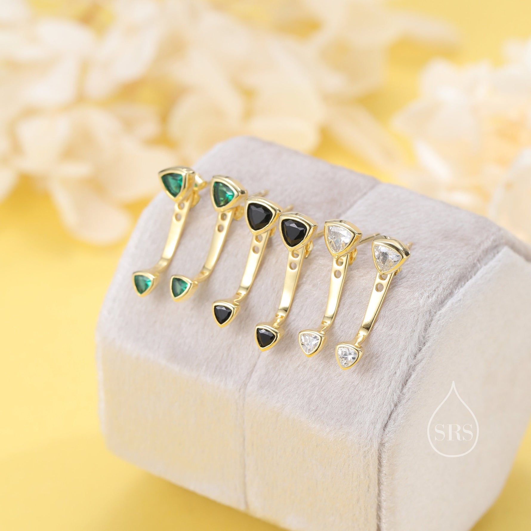 Double Trillion Cut CZ Ear Jacket in Sterling Silver, Silver or Gold, Available in Black, Green, Clear CZ, Front and Back Earrings