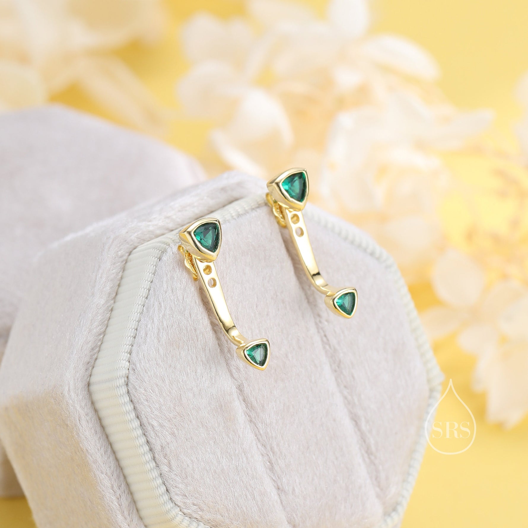 Double Trillion Cut CZ Ear Jacket in Sterling Silver, Silver or Gold, Available in Black, Green, Clear CZ, Front and Back Earrings
