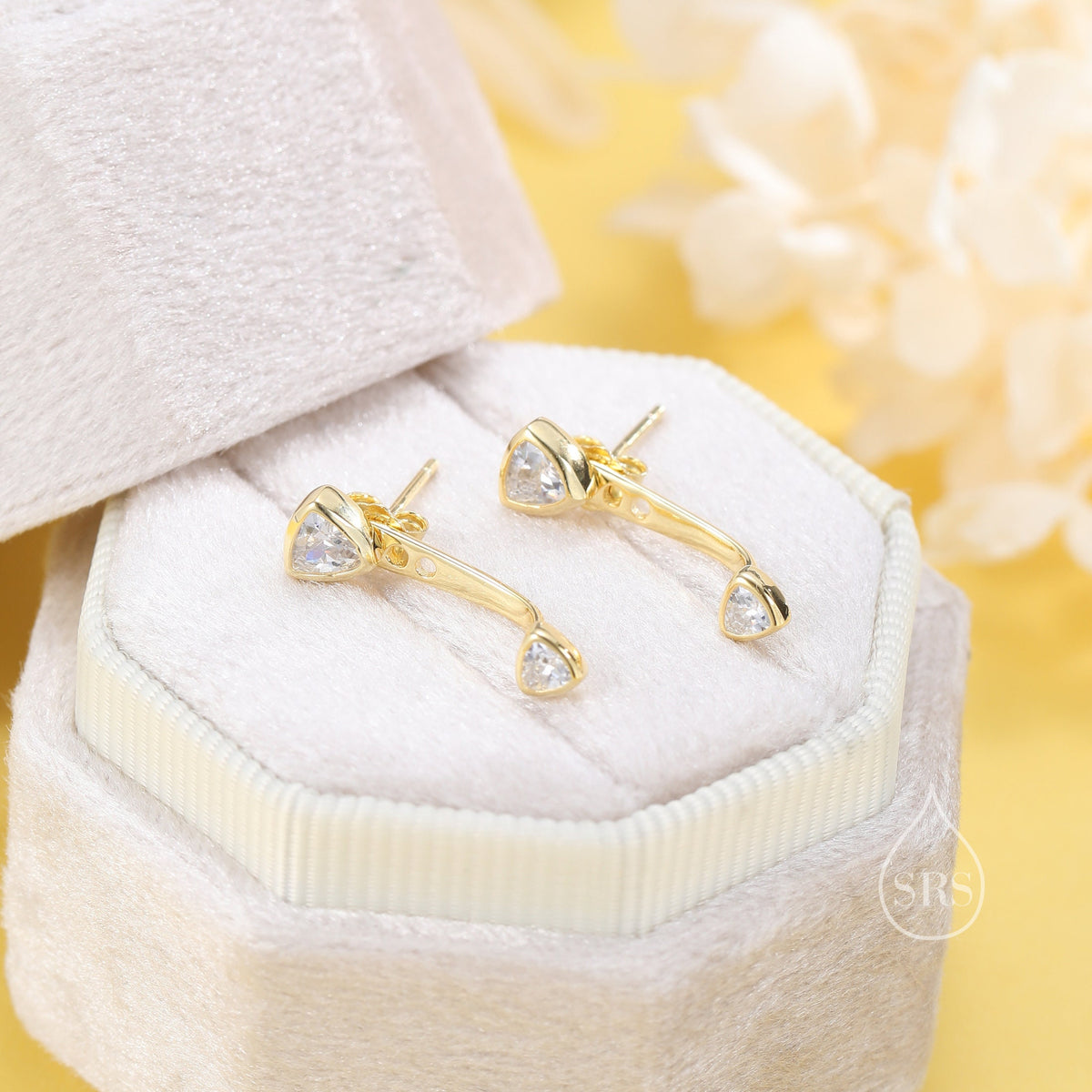 Double Trillion Cut CZ Ear Jacket in Sterling Silver, Silver or Gold, Available in Black, Green, Clear CZ, Front and Back Earrings