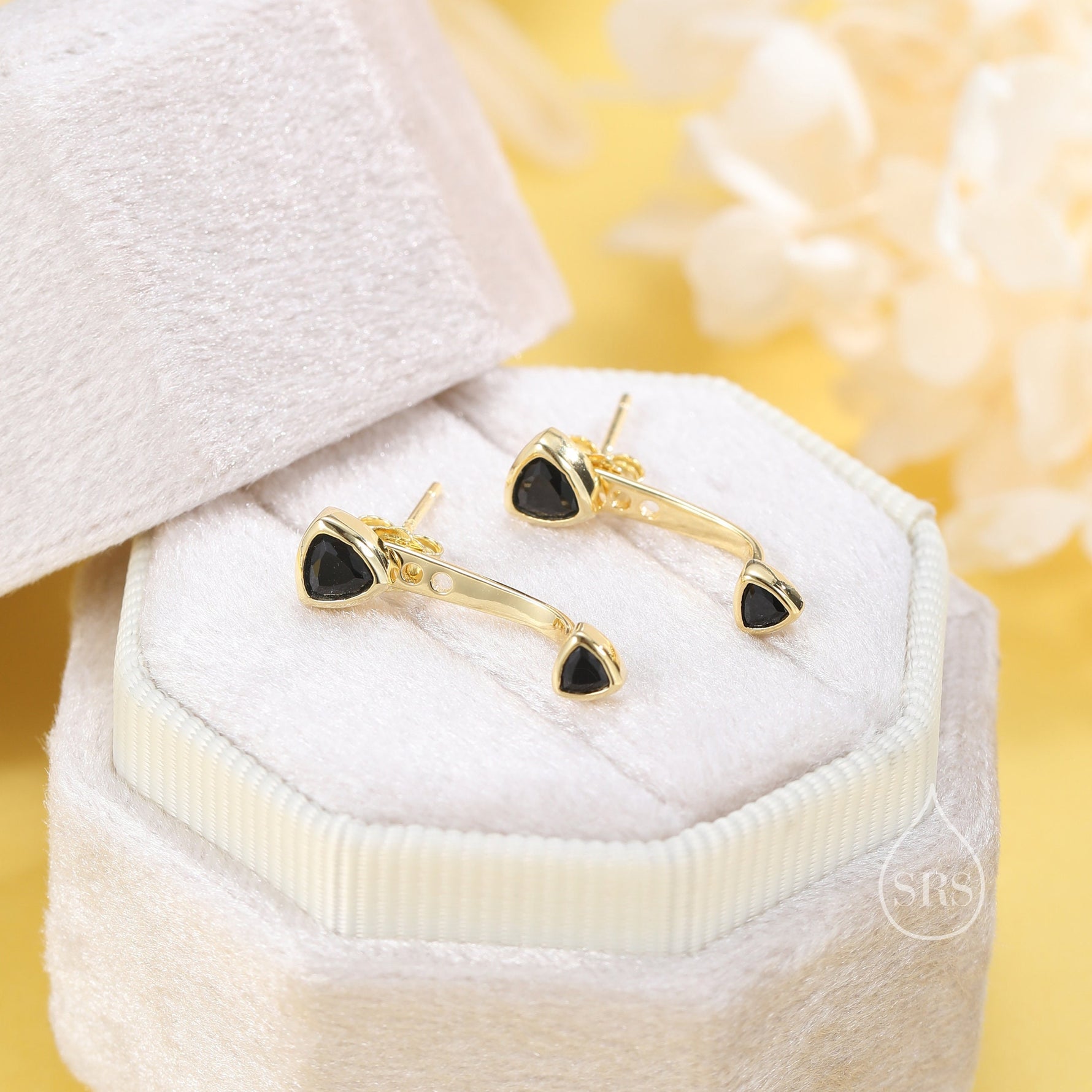 Double Trillion Cut CZ Ear Jacket in Sterling Silver, Silver or Gold, Available in Black, Green, Clear CZ, Front and Back Earrings