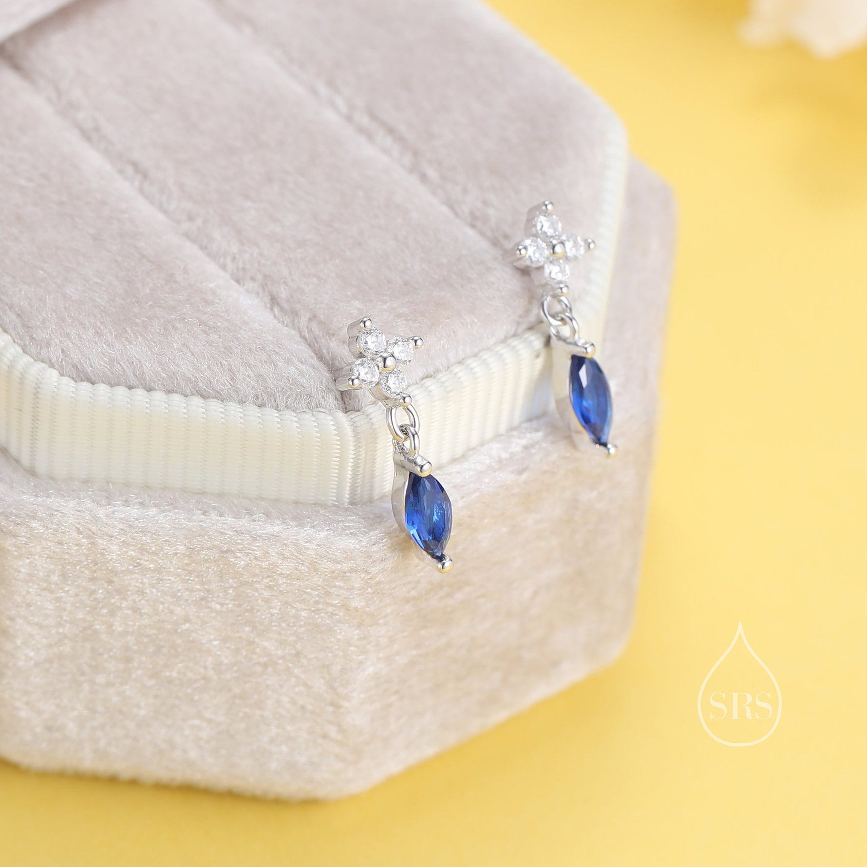 Sterling Silver Four CZ and Marquise Stud Earrings, Hydrangea CZ Earrings, CZ Dangle Stud Earrings, Silver or Gold, Available in 4 Colours