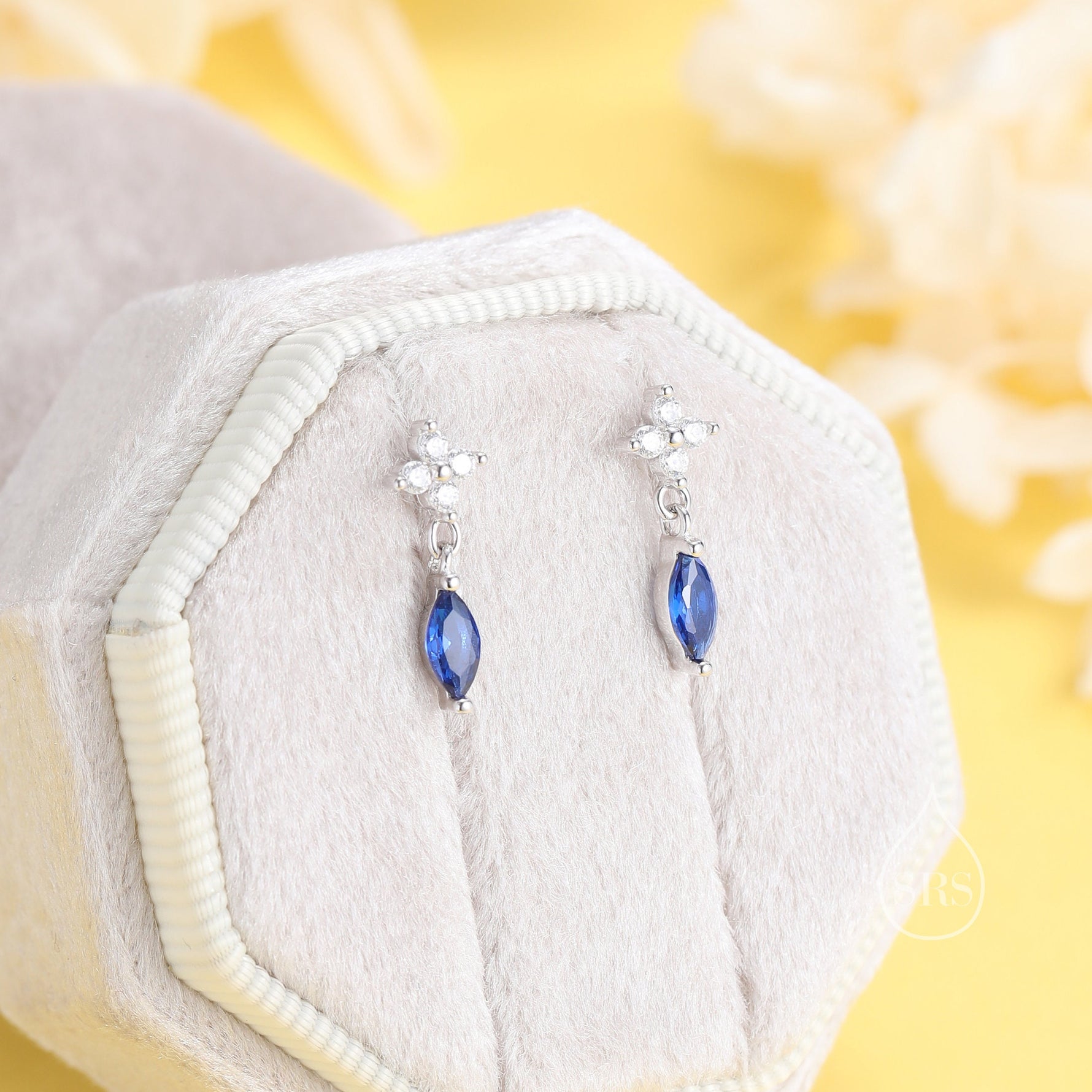 Sterling Silver Four CZ and Marquise Stud Earrings, Hydrangea CZ Earrings, CZ Dangle Stud Earrings, Silver or Gold, Available in 4 Colours