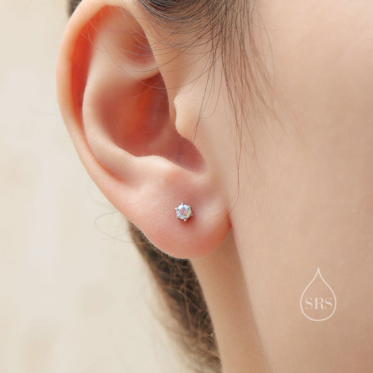 Sterling Silver Aurora AB CZ Stud Earrings, Extra Tiny 3mm Minimal Aurora Colour Changing CZ Earrings, Tiny Iridescent Crystal Stud