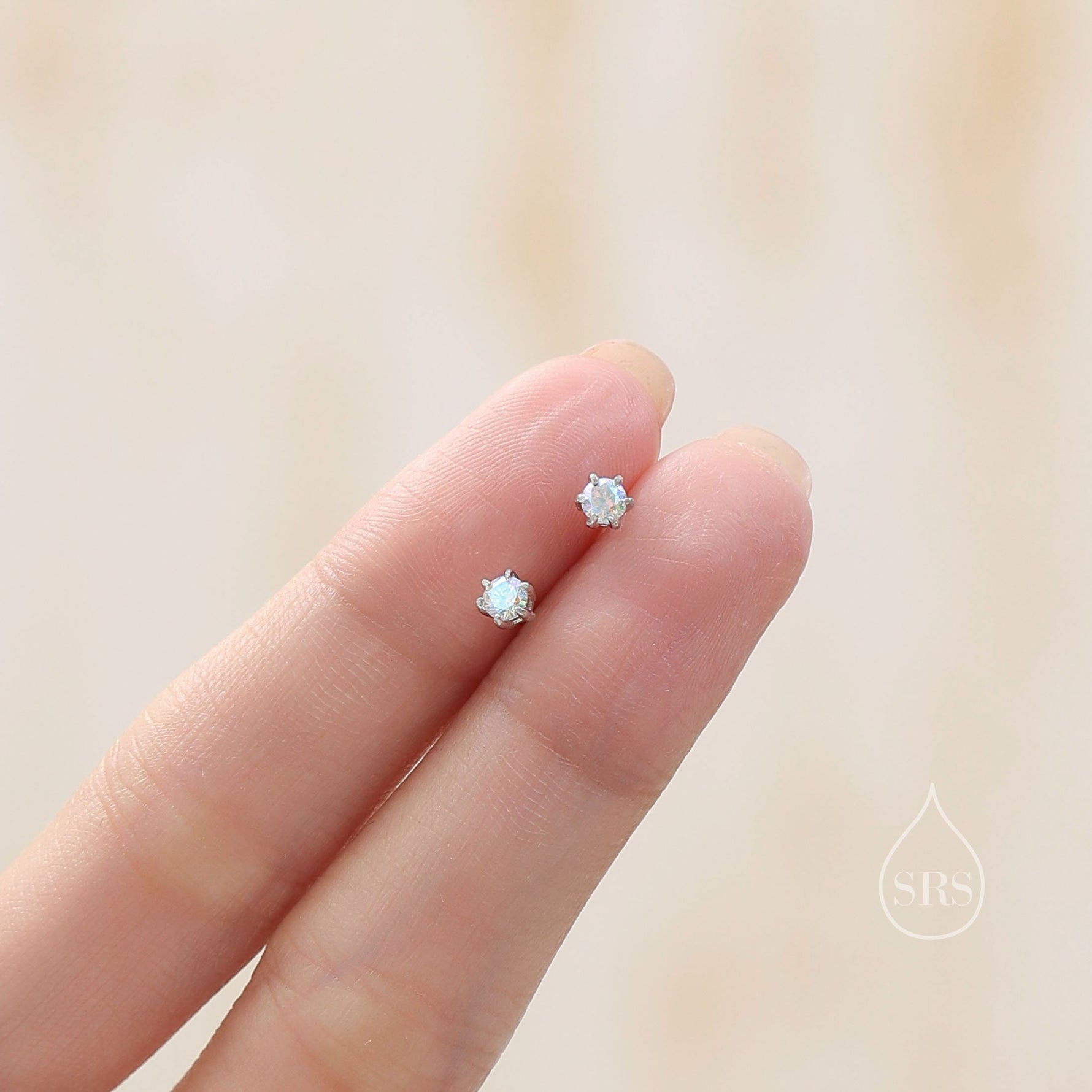 Sterling Silver Aurora AB CZ Stud Earrings, Extra Tiny 3mm Minimal Aurora Colour Changing CZ Earrings, Tiny Iridescent Crystal Stud