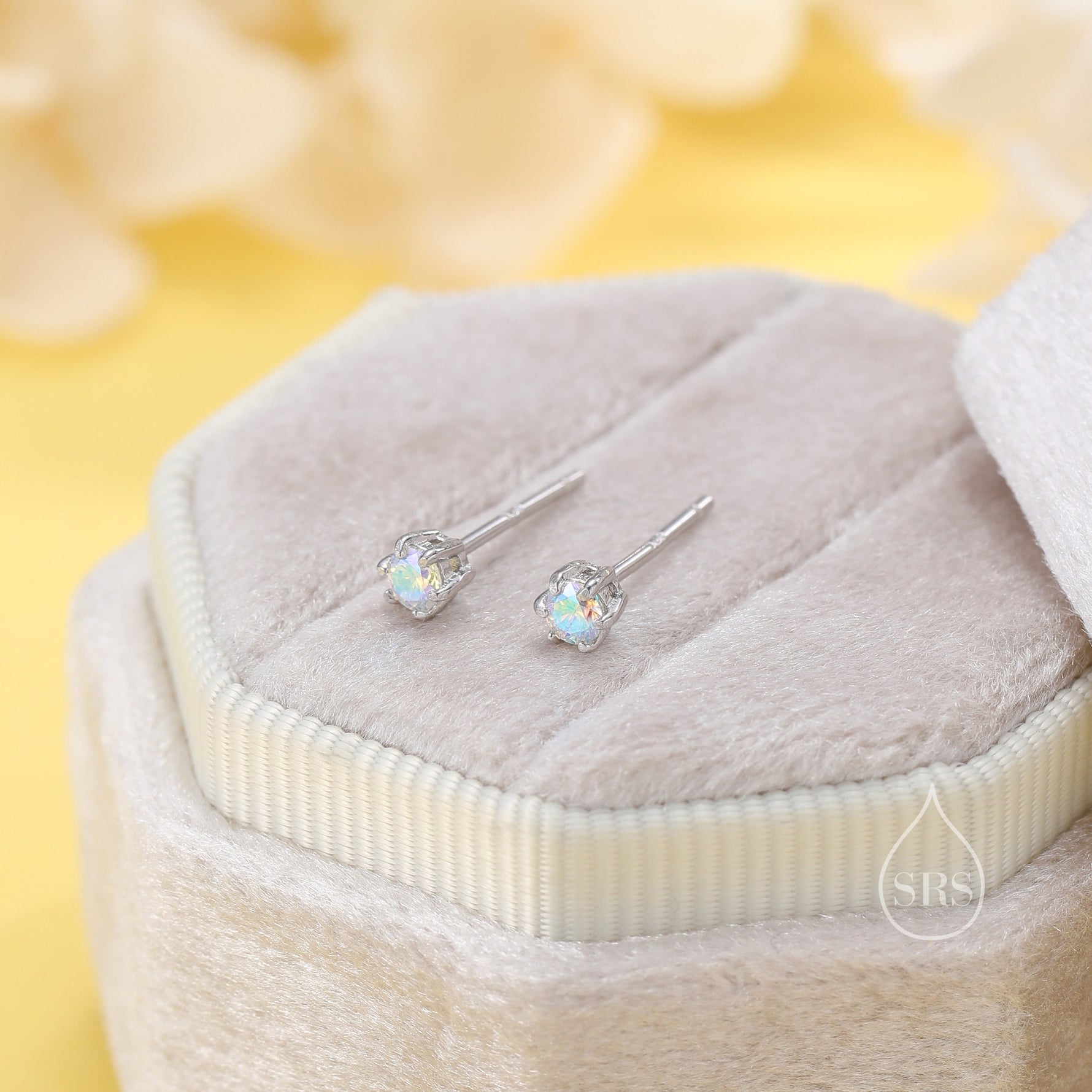 Sterling Silver Aurora AB CZ Stud Earrings, Extra Tiny 3mm Minimal Aurora Colour Changing CZ Earrings, Tiny Iridescent Crystal Stud