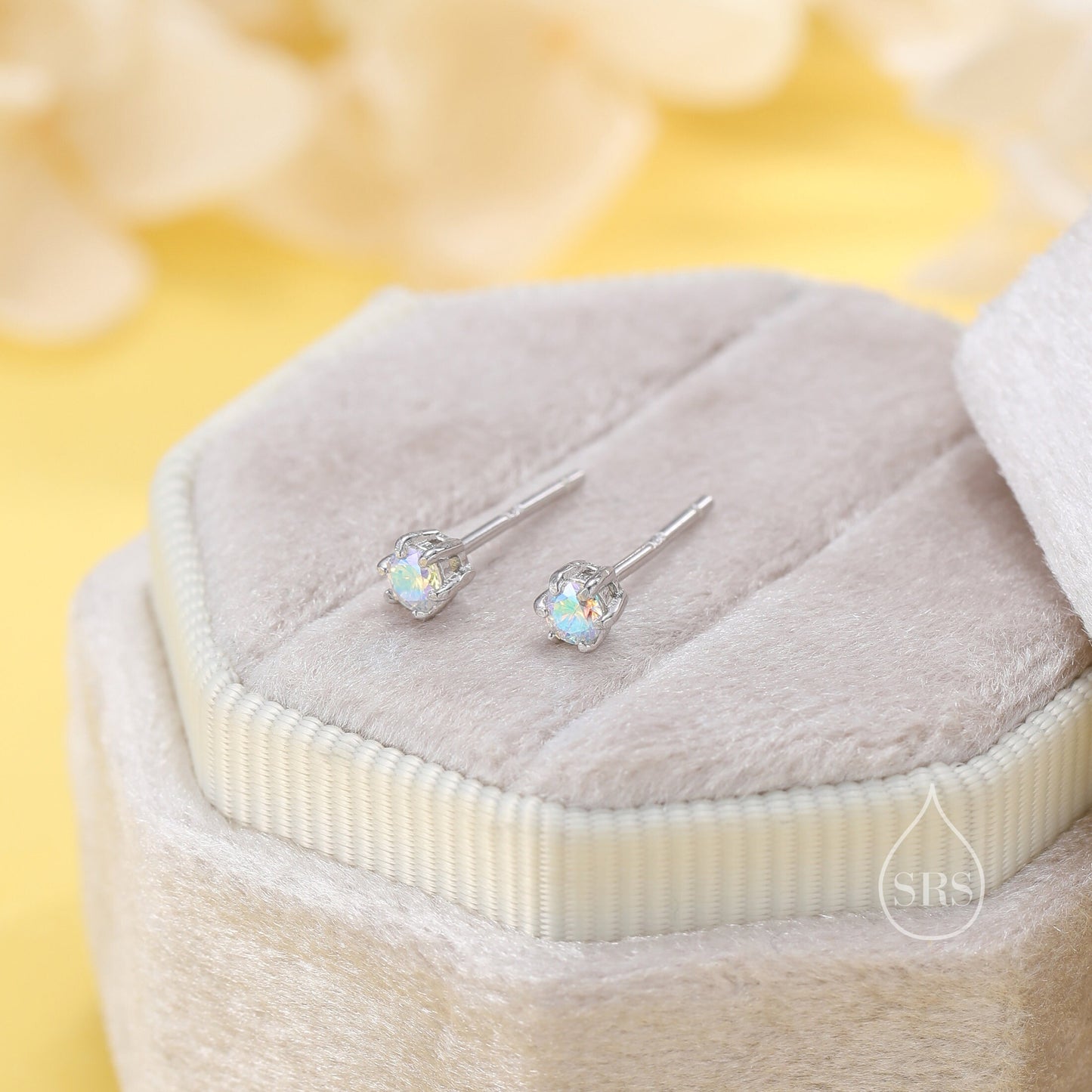 Sterling Silver Aurora AB CZ Stud Earrings,  Extra Tiny 3mm Minimal Aurora Colour Changing CZ Earrings, Tiny Iridescent Crystal Stud