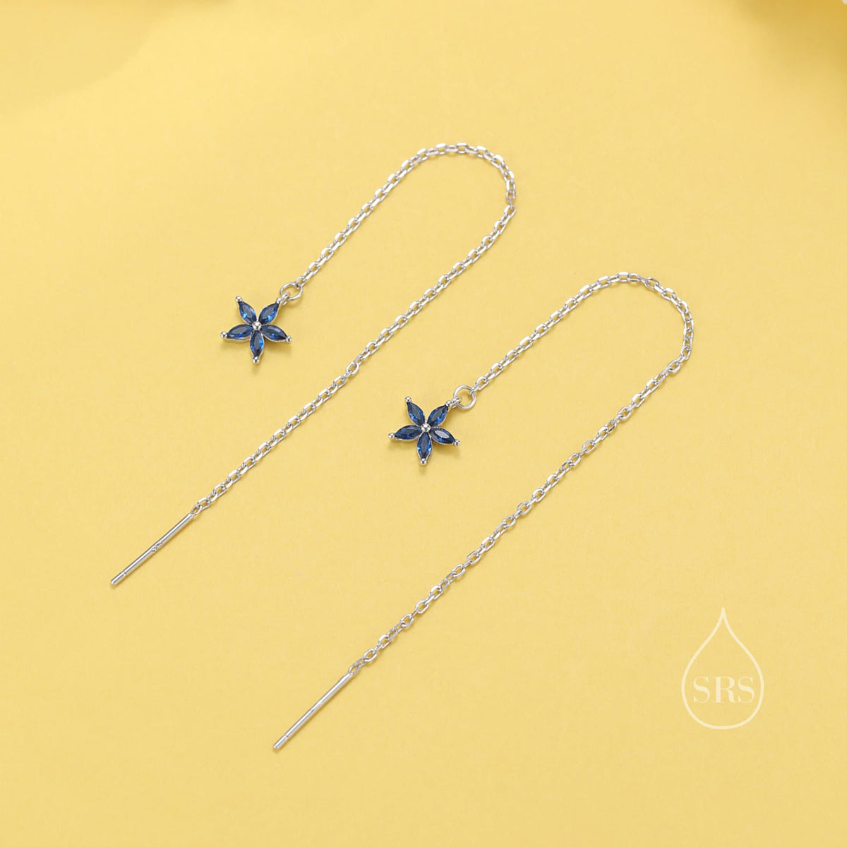 Sapphire Blue CZ Flower Threader Earrings in Sterling Silver, Silver or Gold, Forget-me-not Floral Ear Threaders, Sparkly CZ Threaders