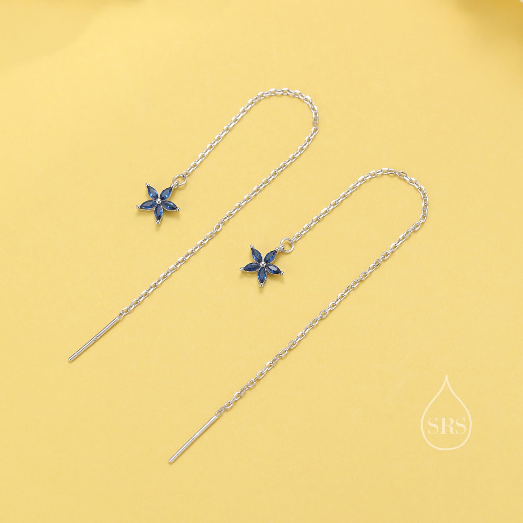 Sapphire Blue CZ Flower Threader Earrings in Sterling Silver, Silver or Gold, Forget-me-not Floral Ear Threaders, Sparkly CZ Threaders