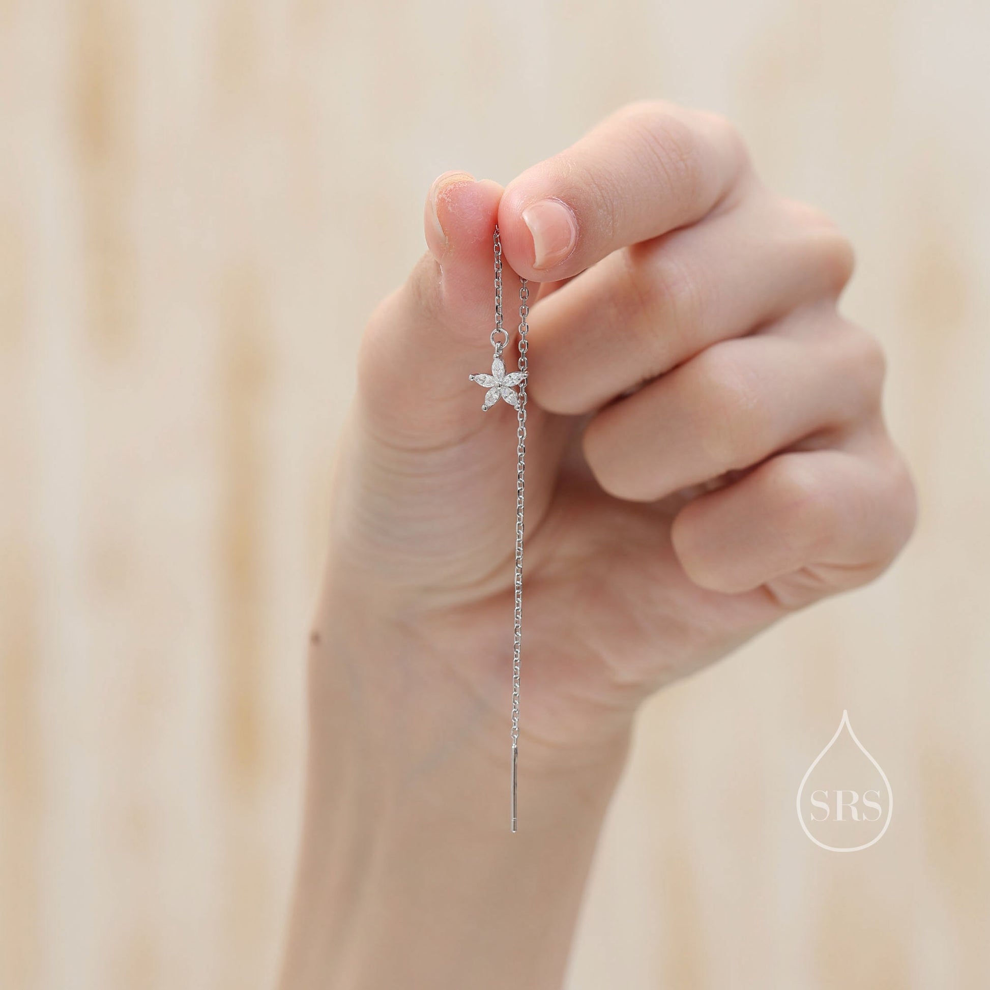 CZ Flower Threader Earrings in Sterling Silver, Silver or Gold, Forget-me-not Floral Ear Threaders, Sparkly CZ Threaders