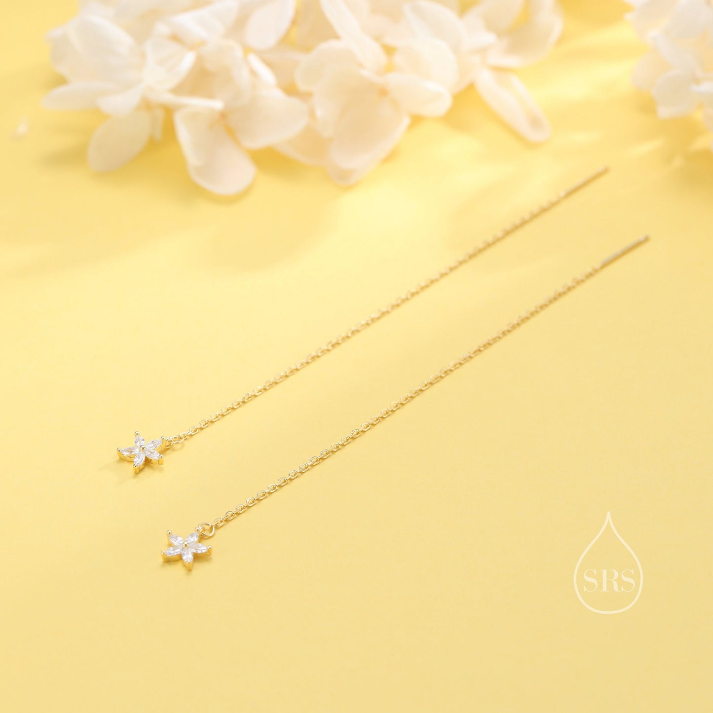 CZ Flower Threader Earrings in Sterling Silver, Silver or Gold, Forget-me-not Floral Ear Threaders, Sparkly CZ Threaders