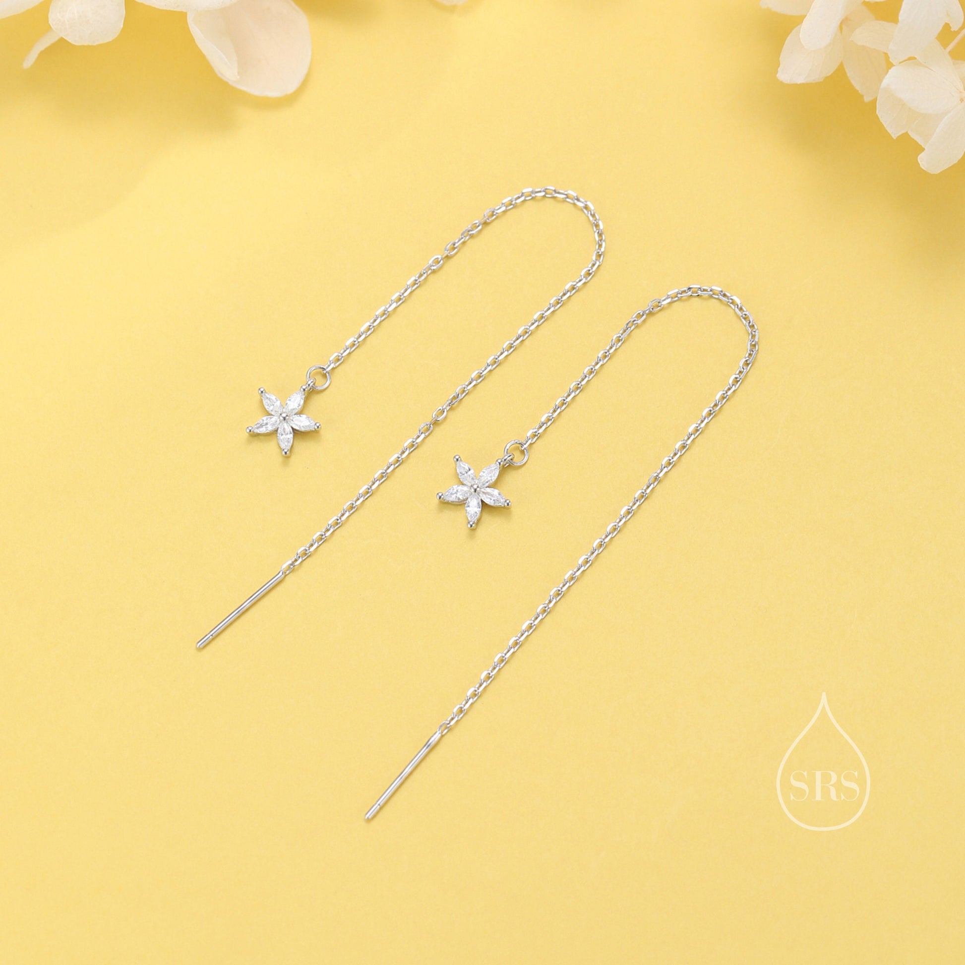 CZ Flower Threader Earrings in Sterling Silver, Silver or Gold, Forget-me-not Floral Ear Threaders, Sparkly CZ Threaders