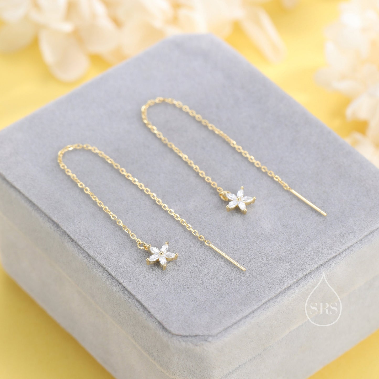 CZ Flower Threader Earrings in Sterling Silver, Silver or Gold, Forget-me-not Floral Ear Threaders, Sparkly CZ Threaders